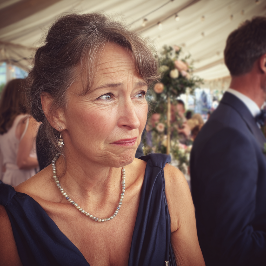 An embarrassed older woman wearing a navy dress | Source: Midjourney