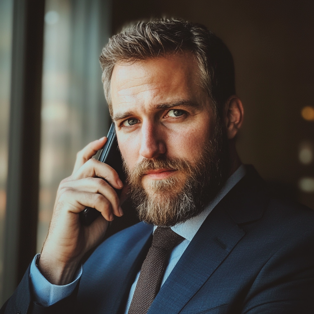 A close up of a lawyer talking on the phone | Source: Midjourney