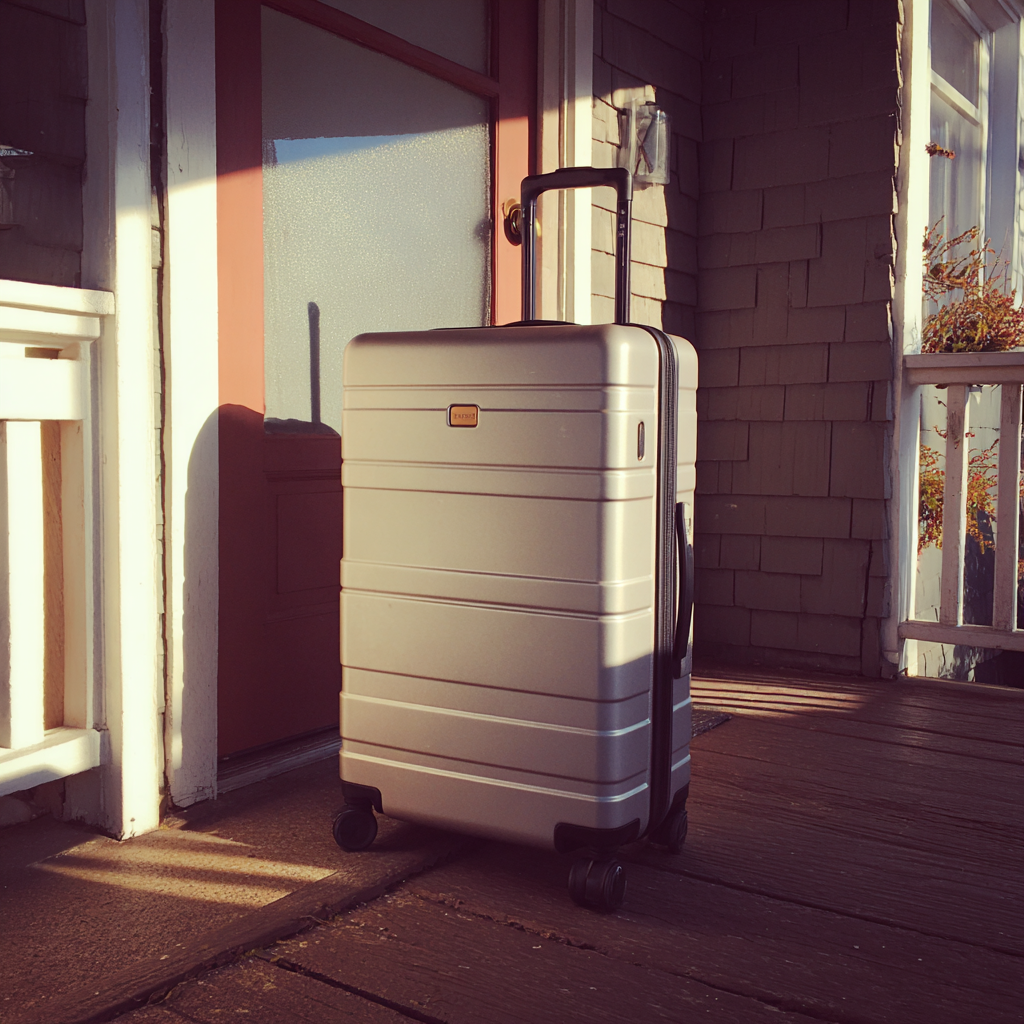 A packed suitcase on a porch | Source: Midjourney