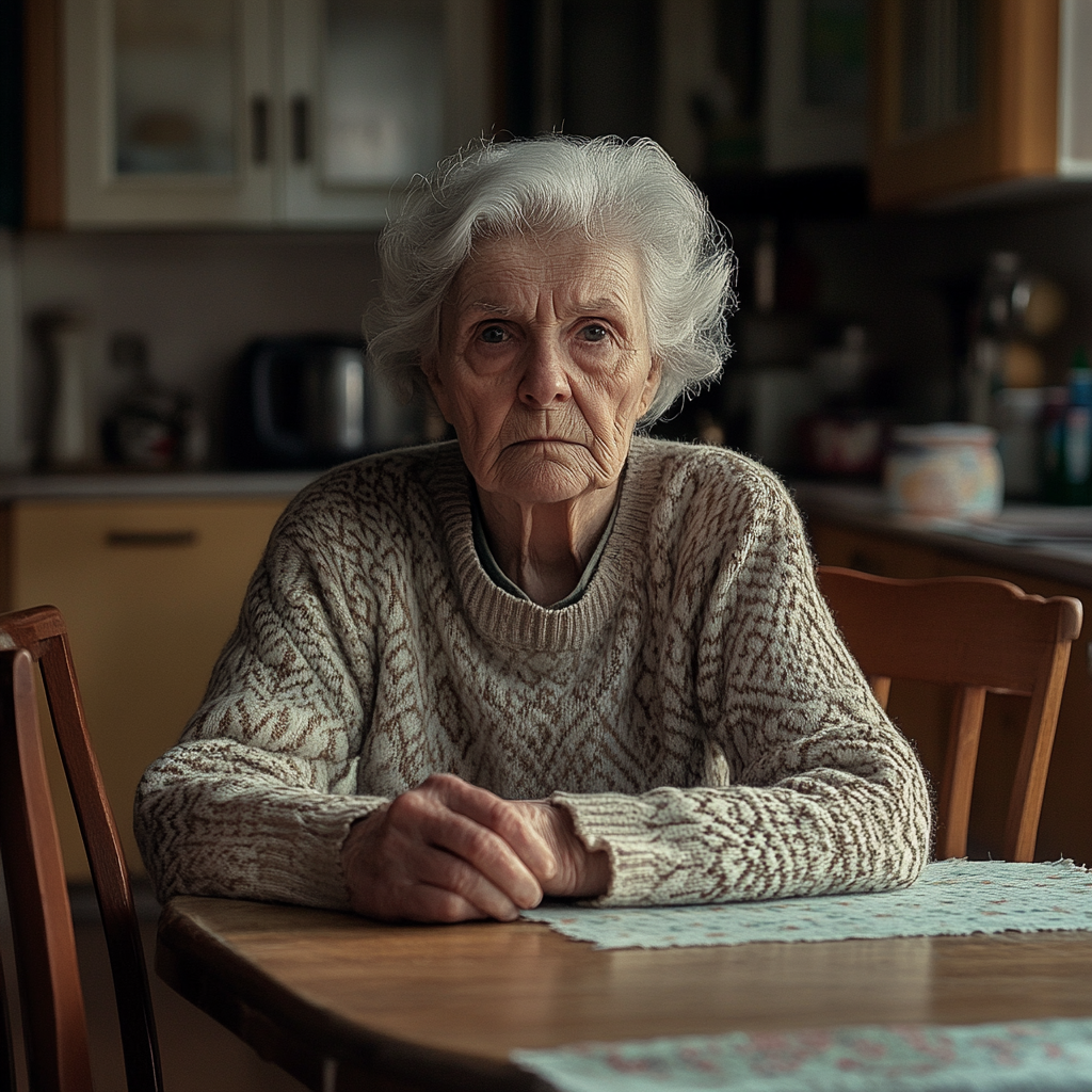 A serious woman sitting in her kitchen | Source: Midjourney