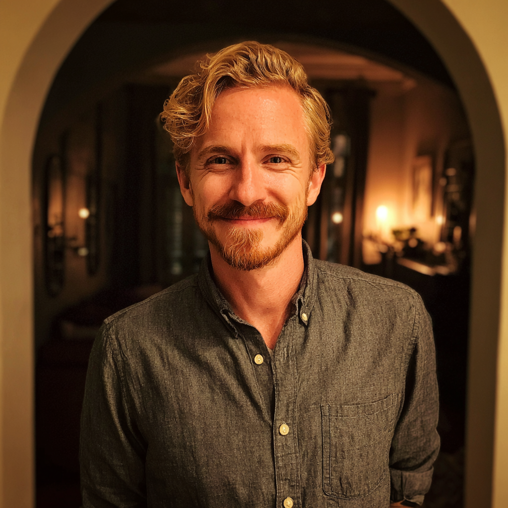 A happy man wearing a gray formal shirt | Source: Midjourney