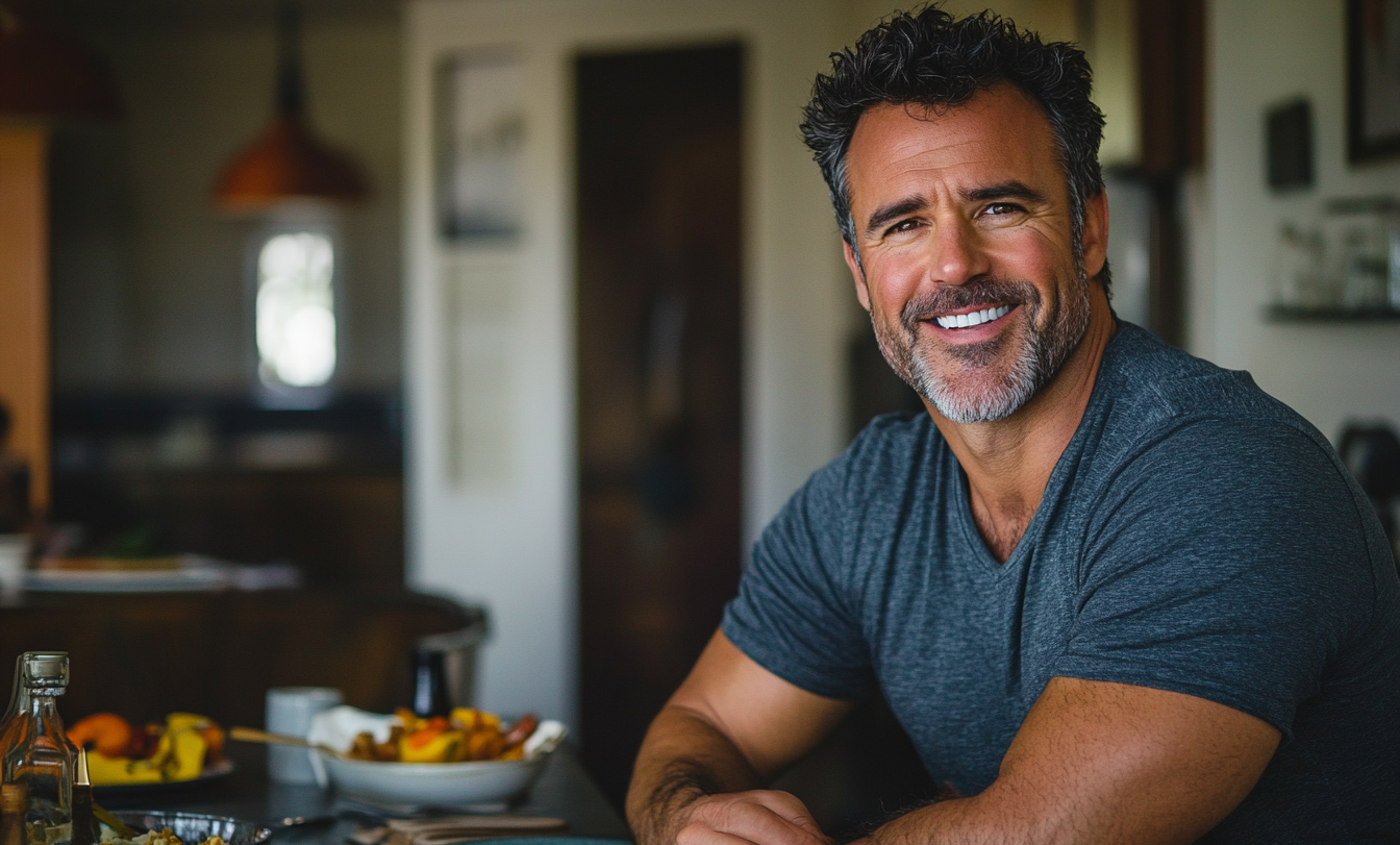 A man smiling at the dinner table | Source: Midjourney