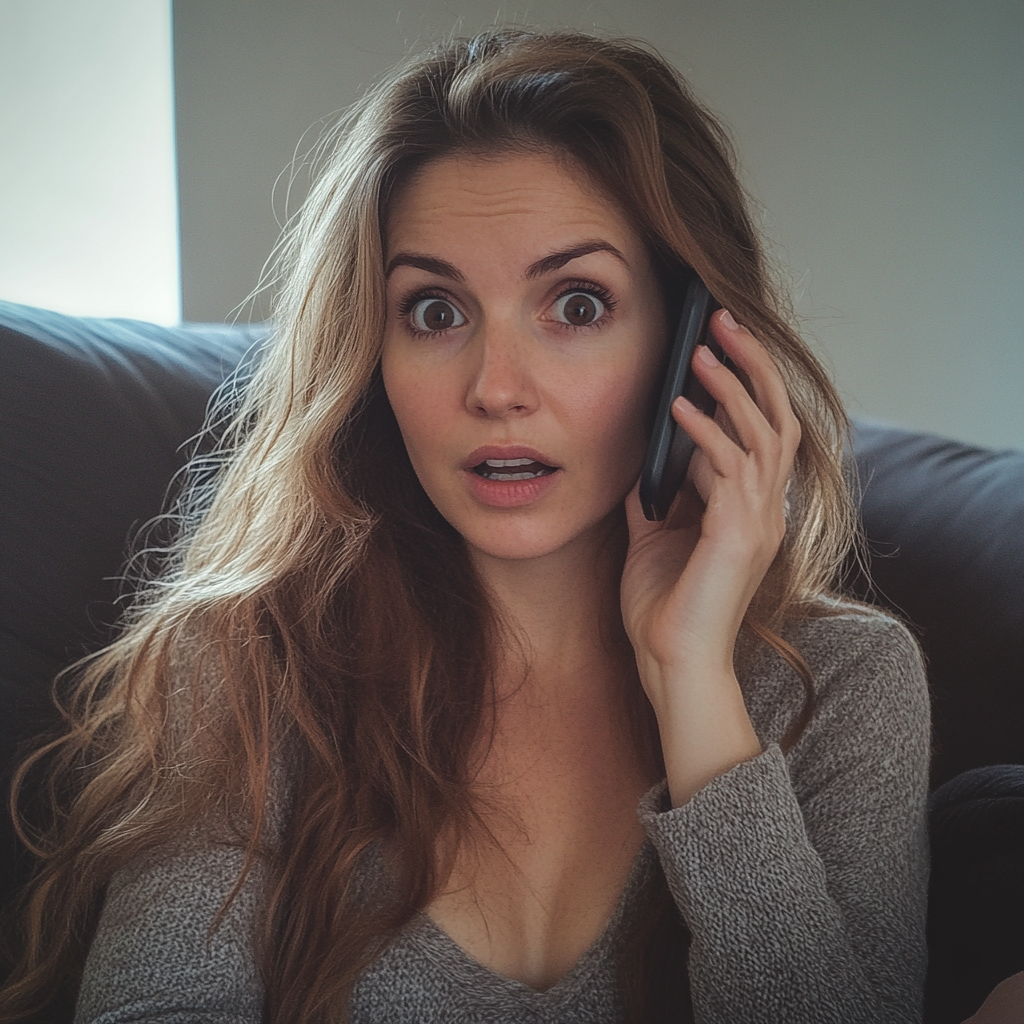 A shocked woman talking on the phone | Source: Midjourney