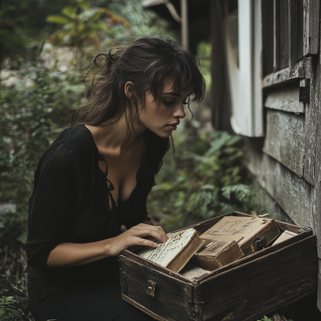 A woman looking through the contents of the box | Source: Midjourney