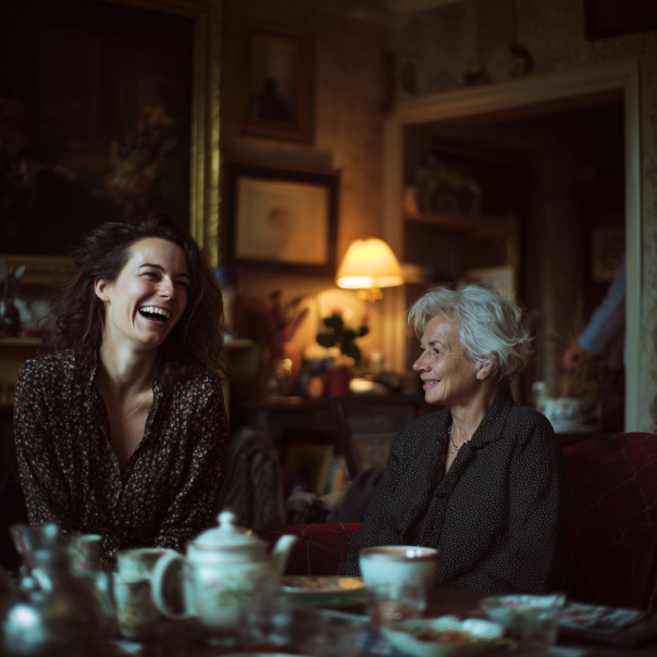 A woman laughing as she talks to another woman | Source: Midjourney
