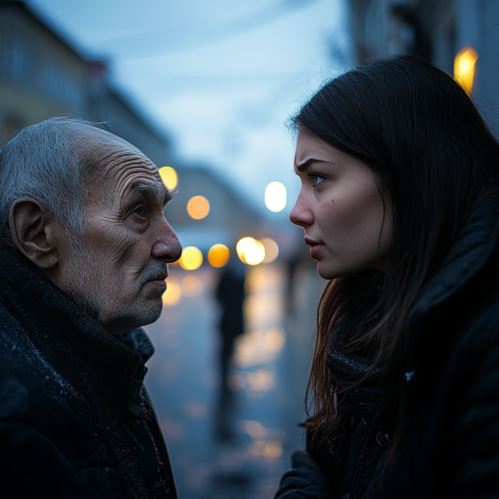 A young woman talking to an elderly man | Source: Midjourney