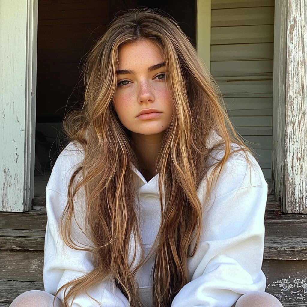 A tired young woman sitting on a porch | Source: Midjourney