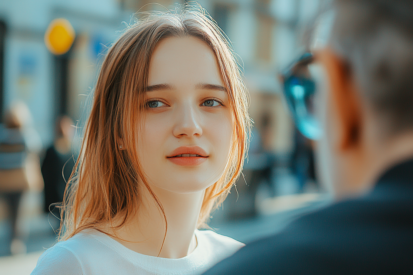 A young woman looking away while talking to a man | Source: Midjourney