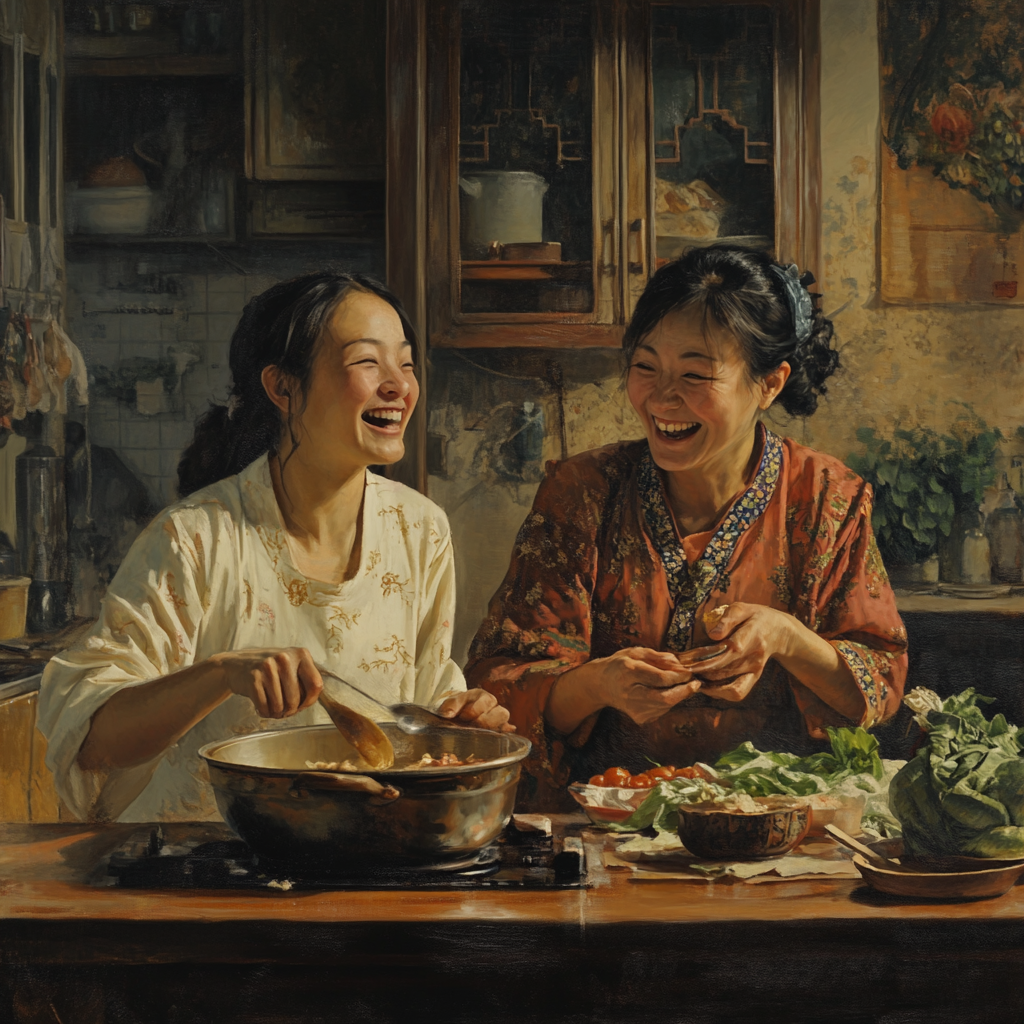 Daughter-in-law and mother-in-law laughing as they cook | Source: Midjourney