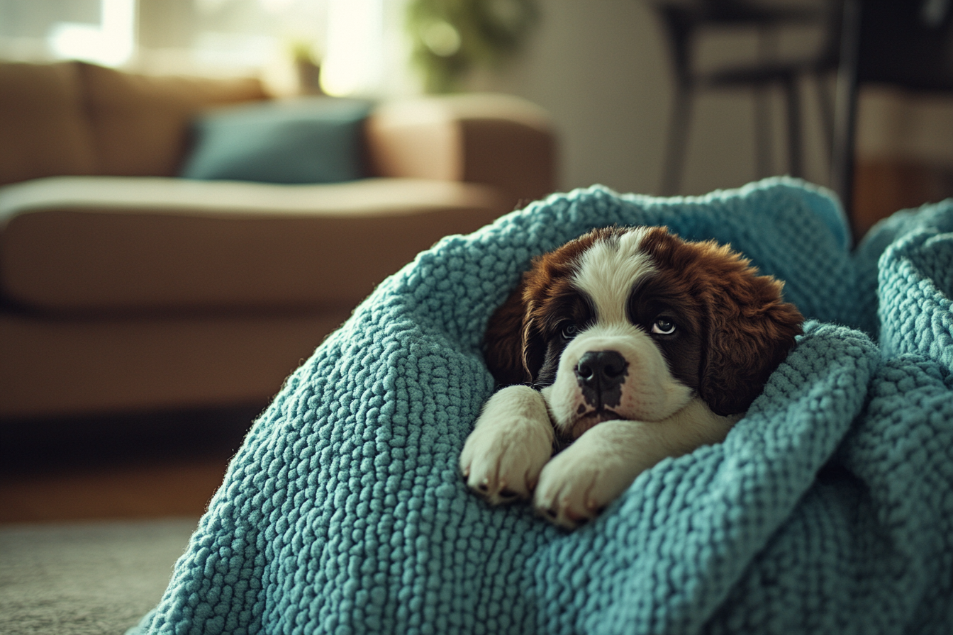 A Saint Bernard puppy wrapped in a blue blanket in the living room | Source: Midjourney