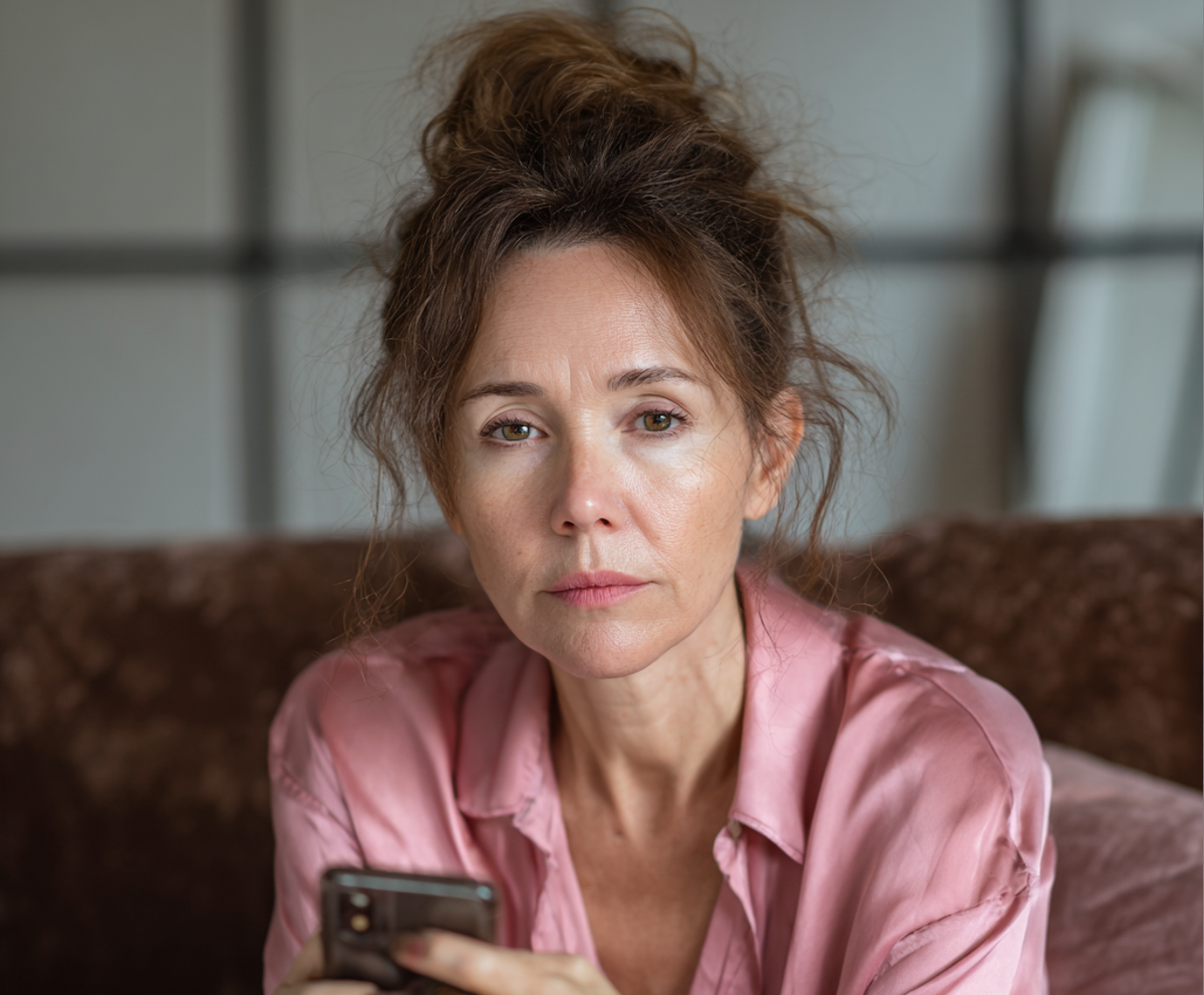 A woman sitting on a couch and holding her phone | Source: Midjourney