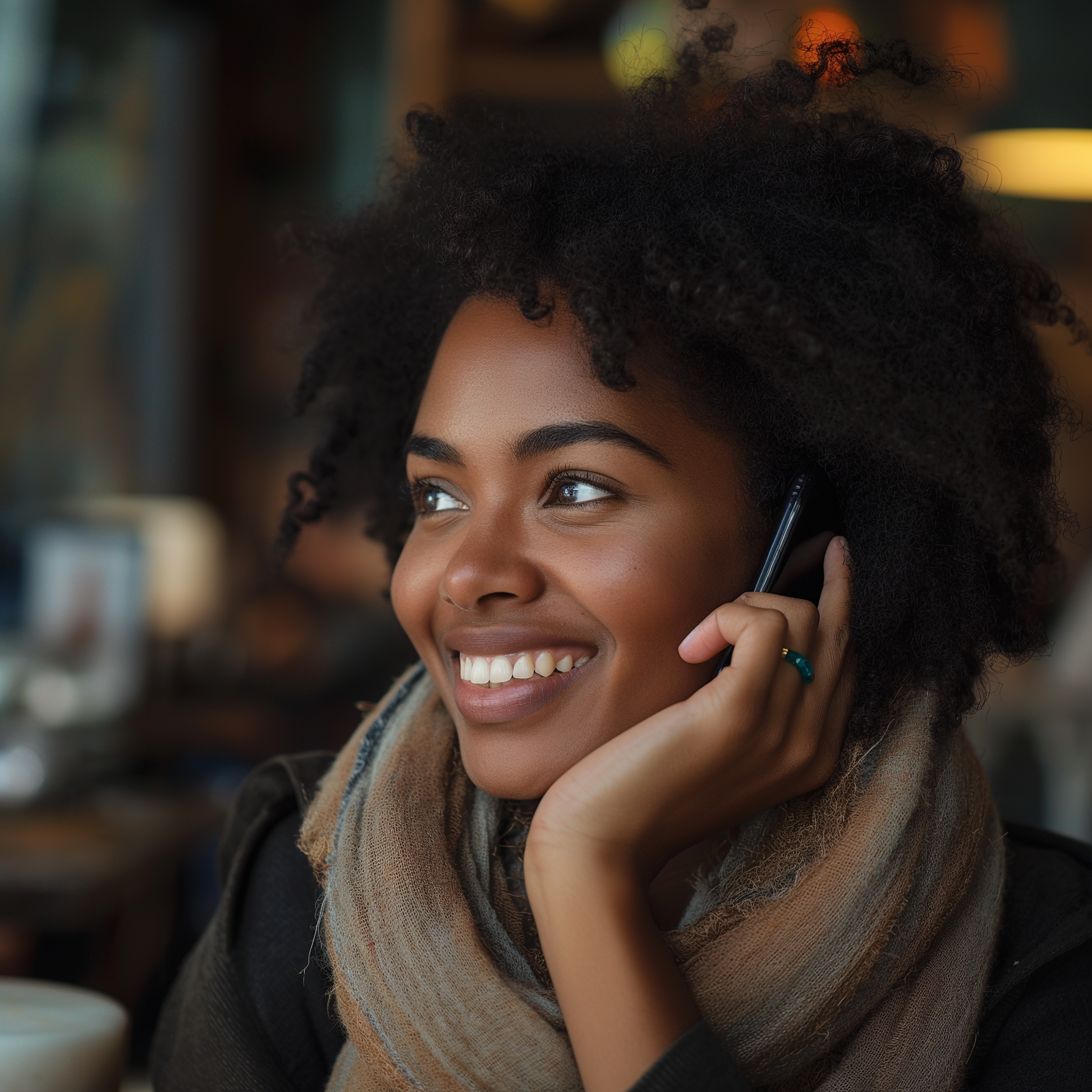 Uma mulher sorridente em uma ligação telefônica | Fonte: Midjourney