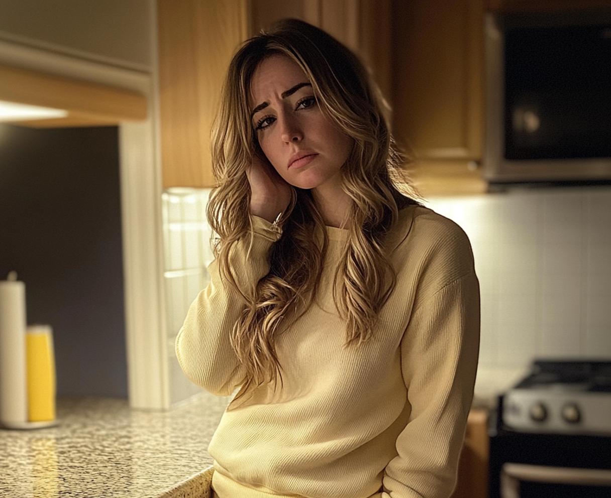 Uma mulher chateada usando um suéter amarelo | Fonte: Midjourney