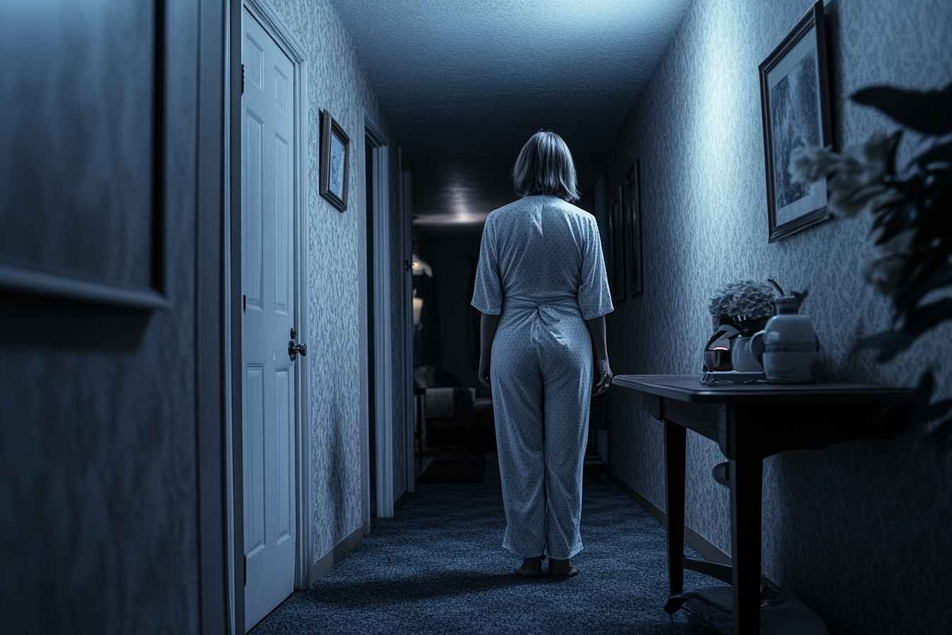 An older woman in pajamas standing in a home hallway at night | Source: Midjourney