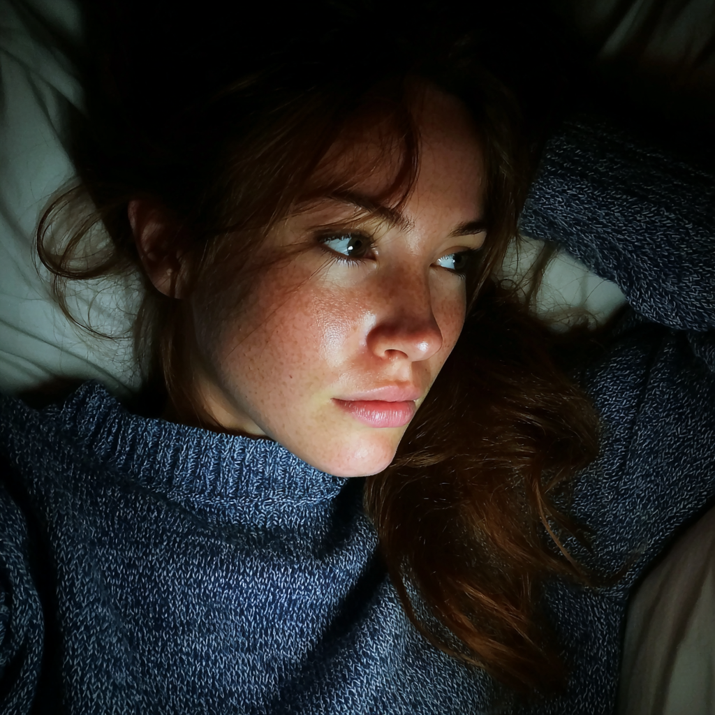 A pensive woman laying in her bed | Source: Midjourney