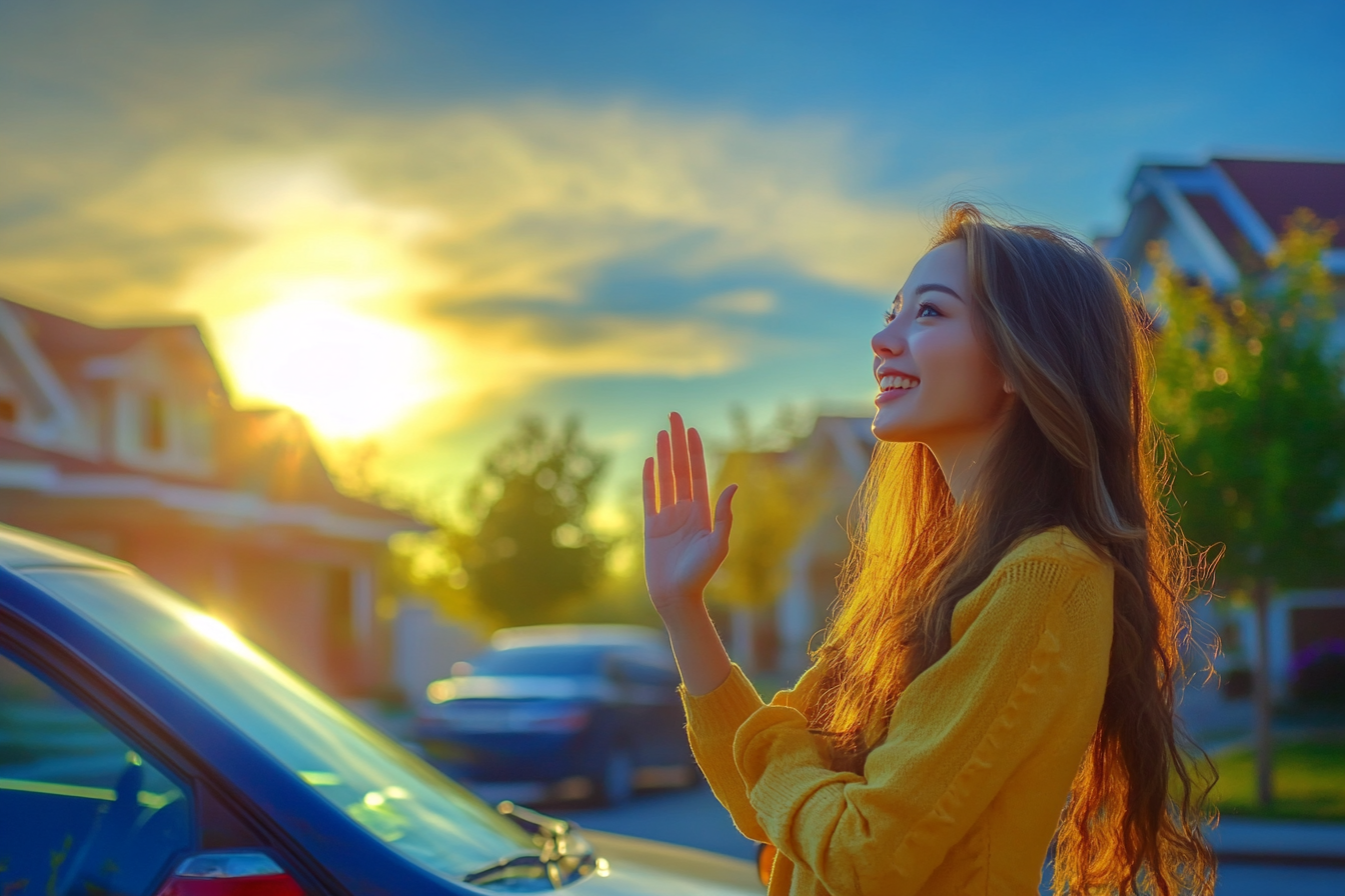 A woman standing beside her car waving her hand | Source: Midjourney