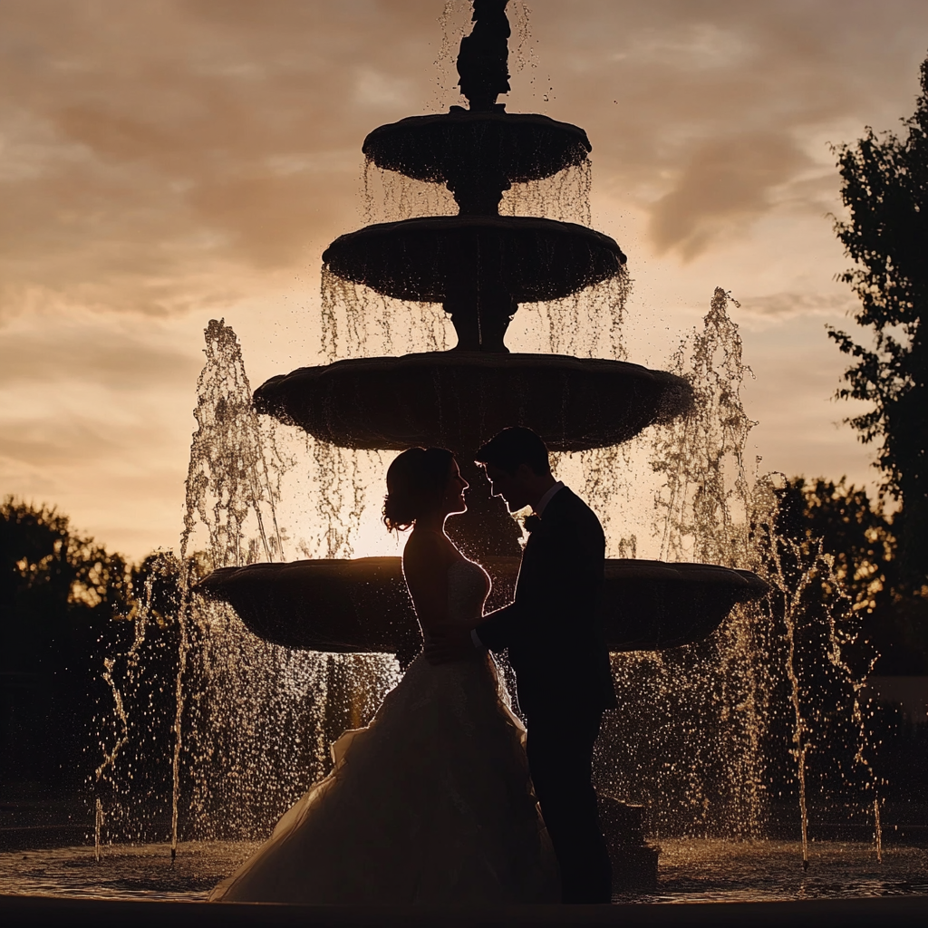 Silhouette of a newlywed couple near a fountain | Source: Midjourney