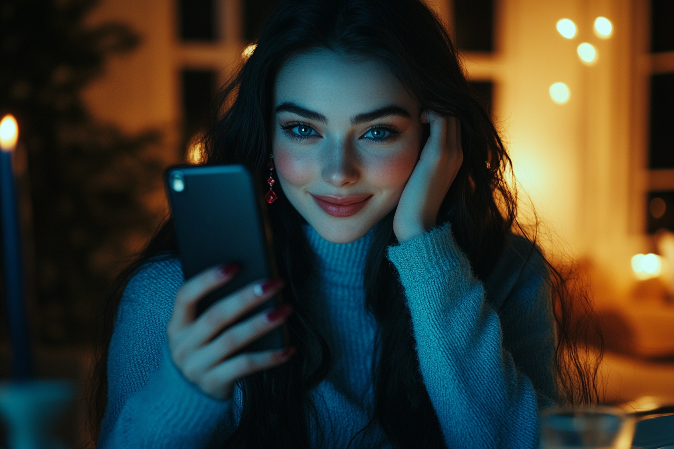 Woman in her 20s with long, wavy black hair and blue eyes holding up a phone during dinner in a house | Source: Midjourney