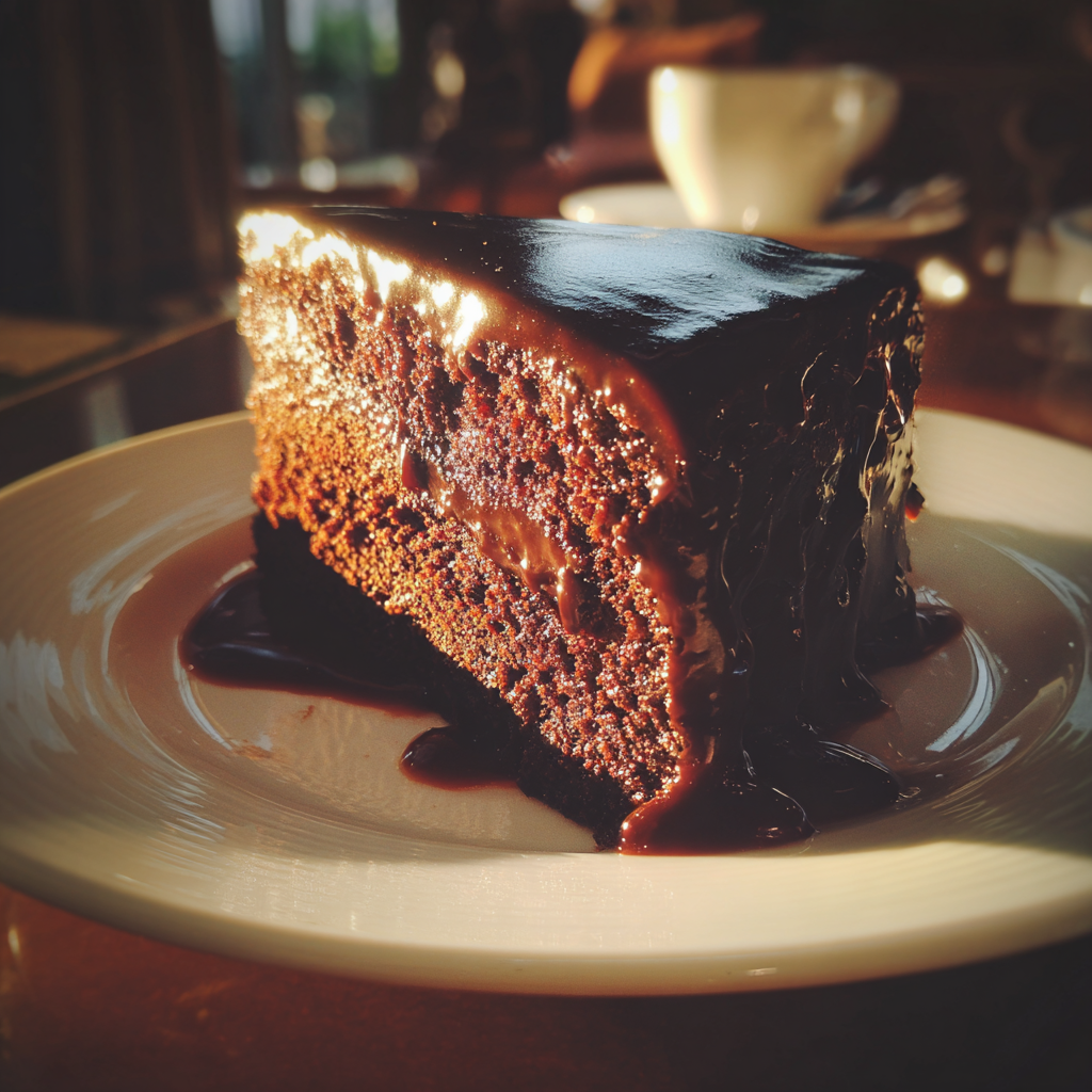 A slice of chocolate cake on a plate | Source: Midjourney