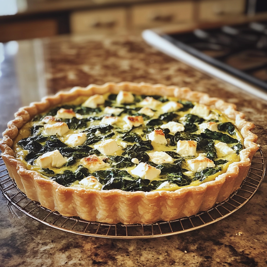 A spinach and feta quiche on a kitchen counter | Source: Midjourney
