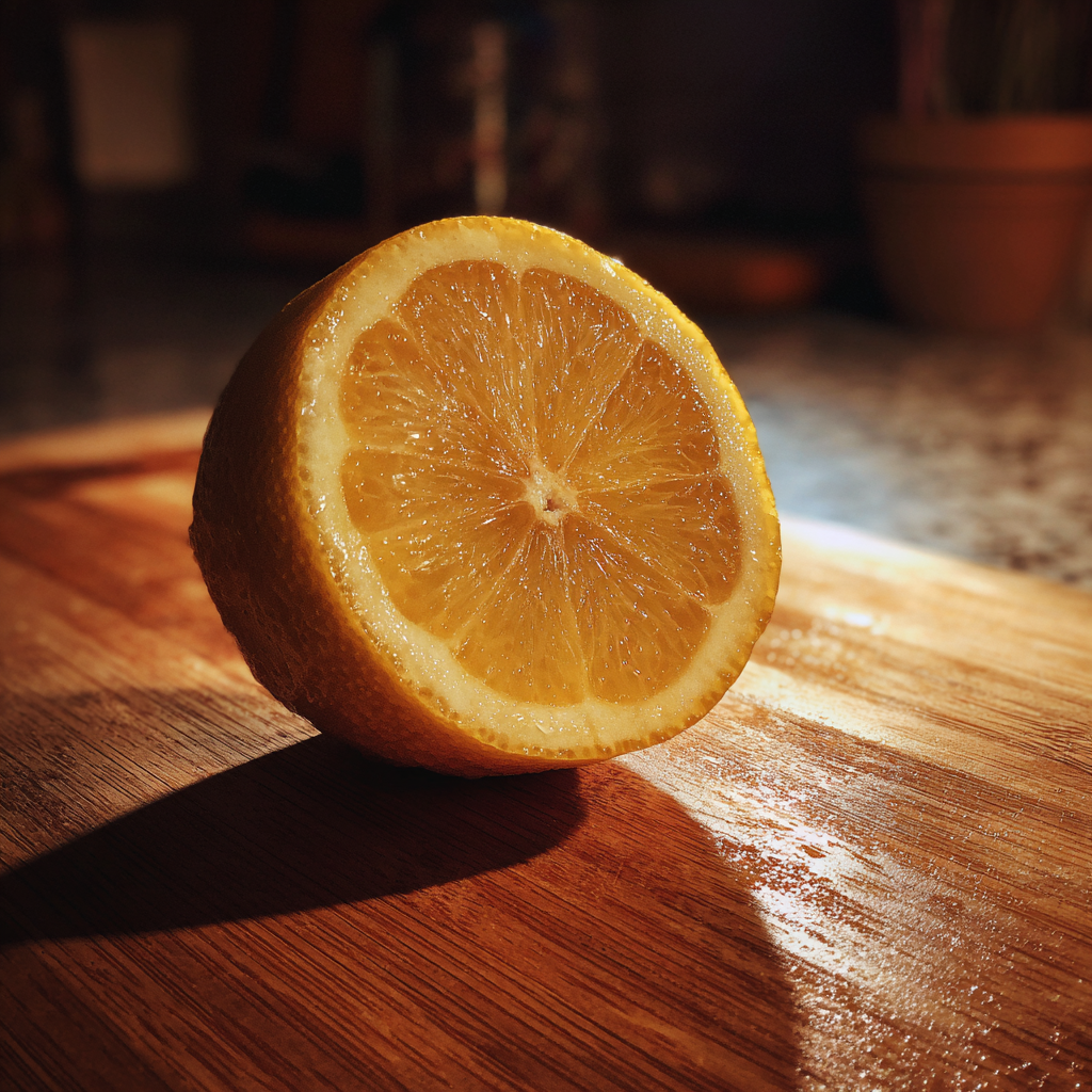Sliced lemon on a wooden board | Source: Midjourney