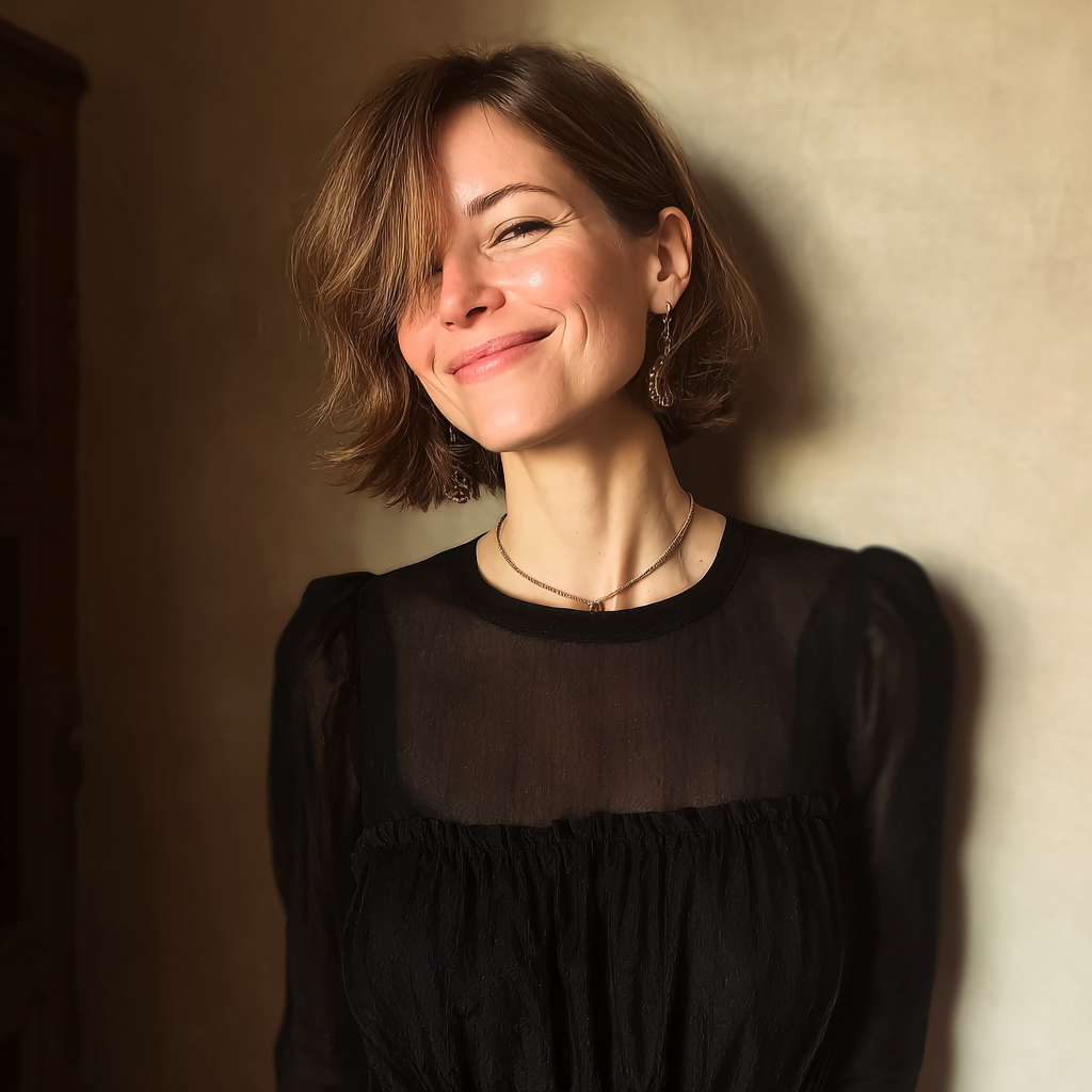 A smiling woman wearing a black dress | Source: Midjourney