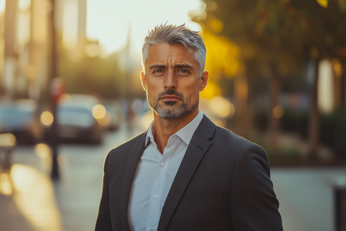 A serious-looking man in a business suit standing on a street | Source: Midjourney