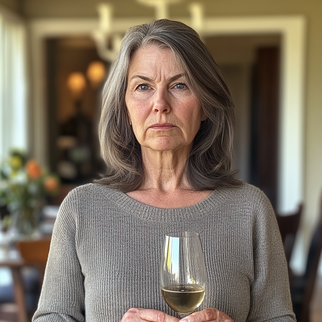 An upset woman holding a glass of wine | Source: Midjourney