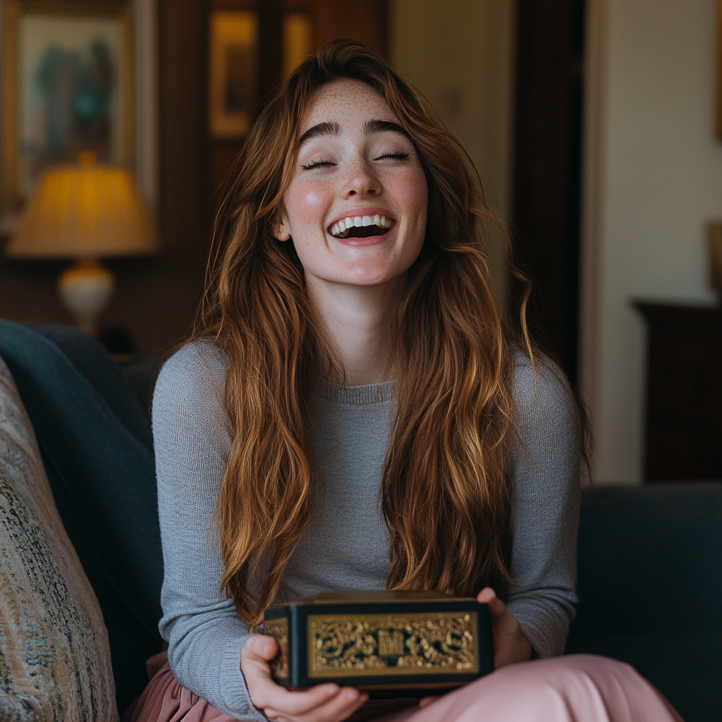 A woman laughs while holding an ornate box | Source: Midjourney