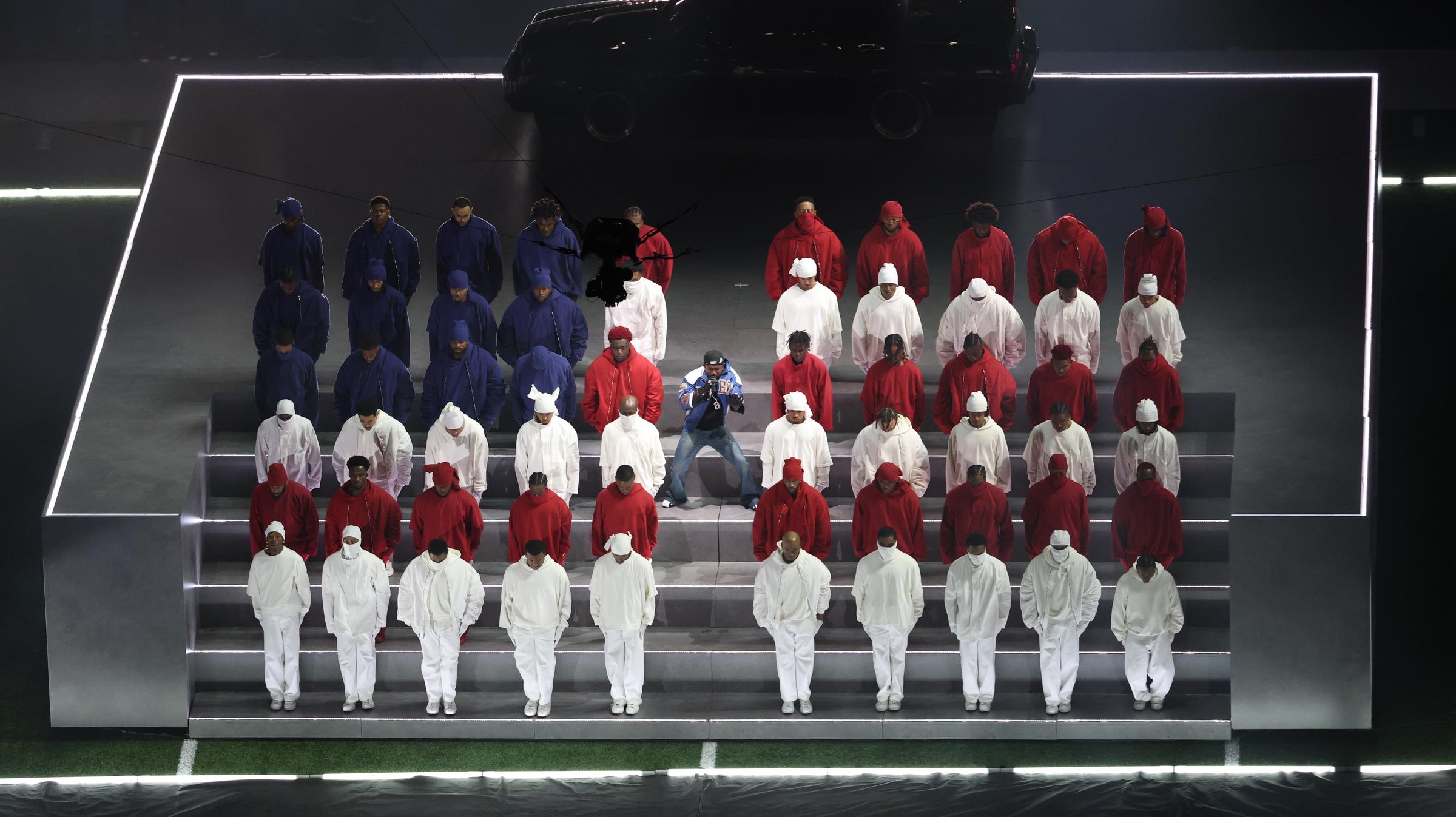 Kendrick Lamar and his dancers on stage at the Super Bowl LIX Halftime Show on February 9, 2025, in New Orleans, Louisiana. | Source: Getty Images