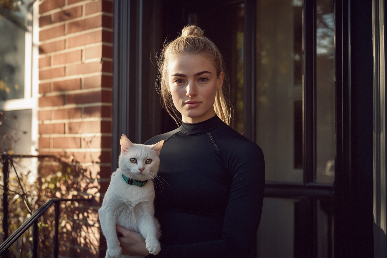 A woman in exercise clothes outside a townhouse, holding a white cat | Source: Midjourney