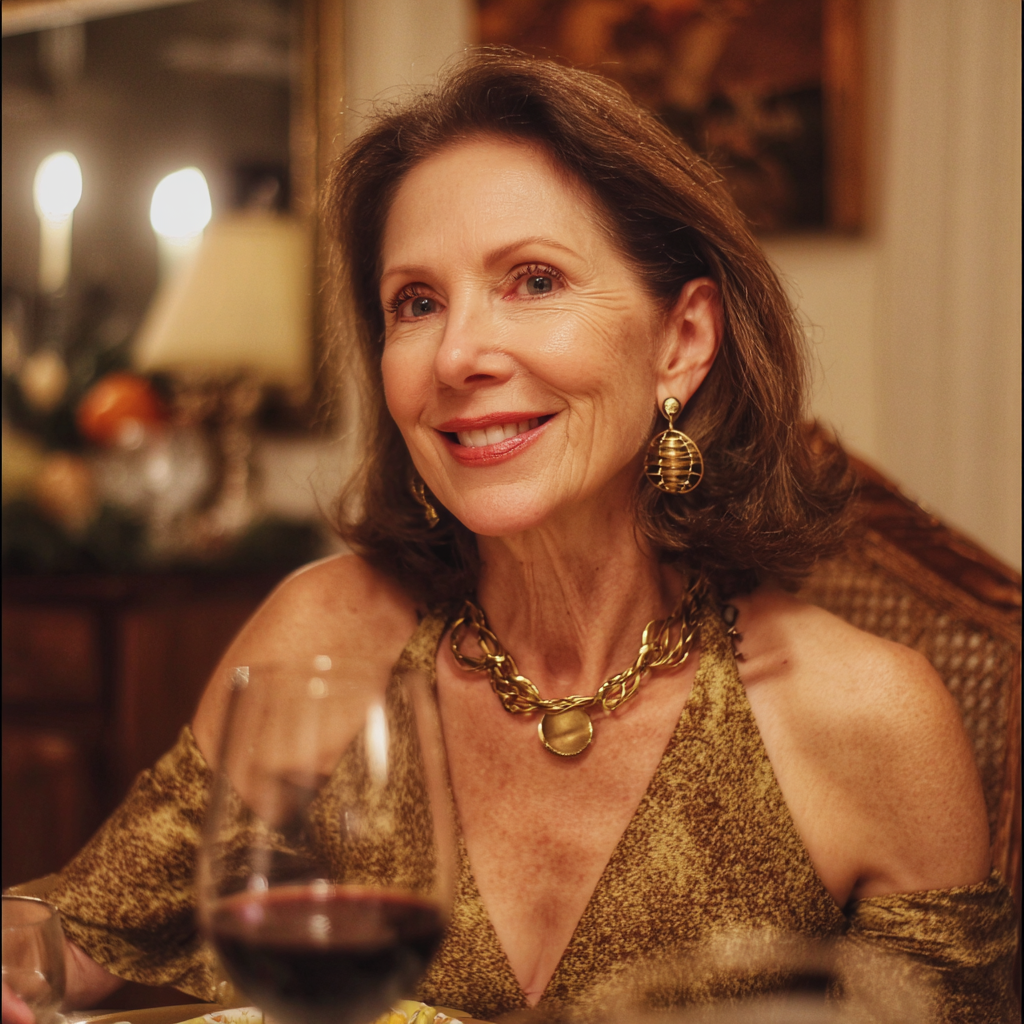 A smiling older woman sitting at a table | Source: Midjourney