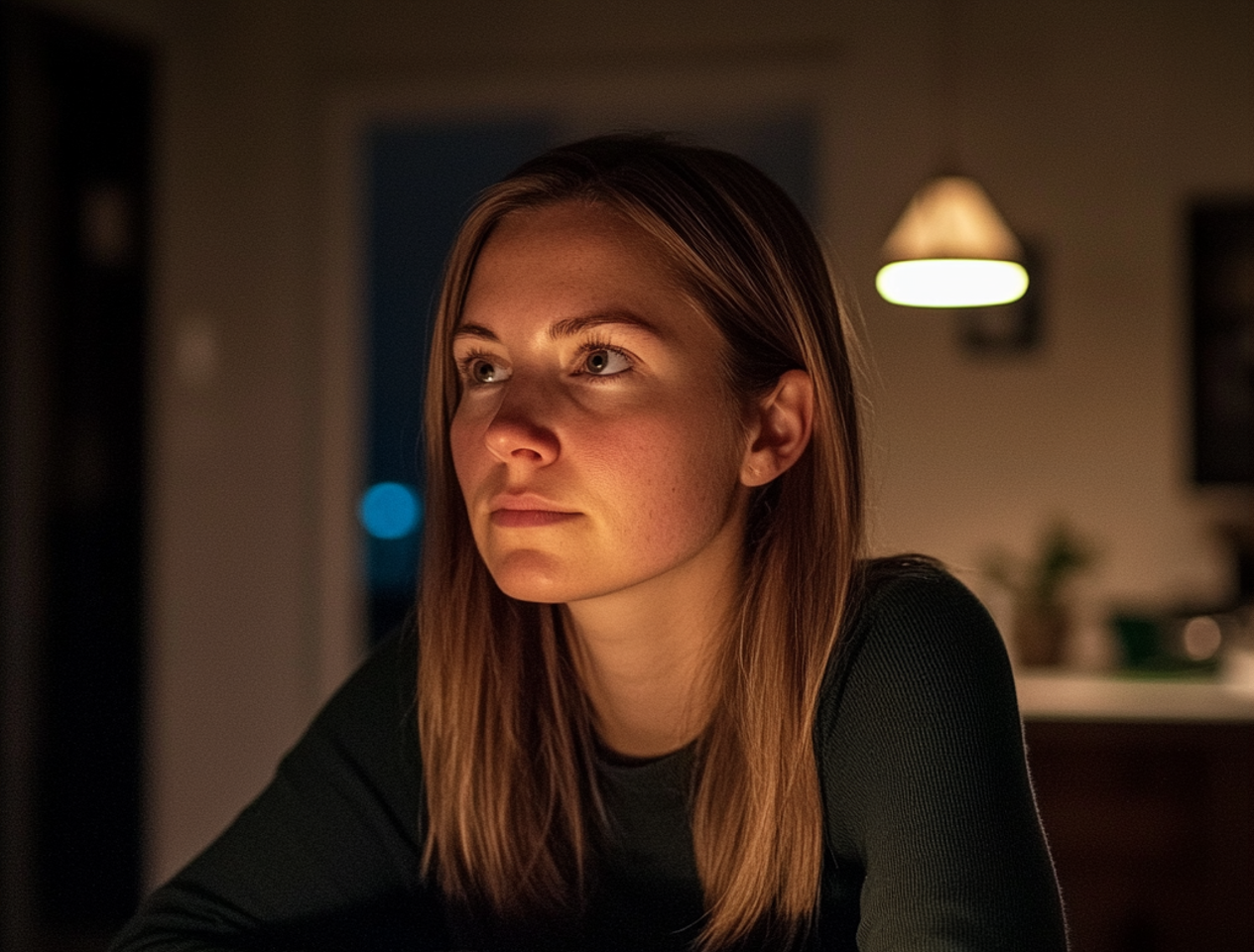 A pensive woman sitting at a dining table | Source: Midjourney