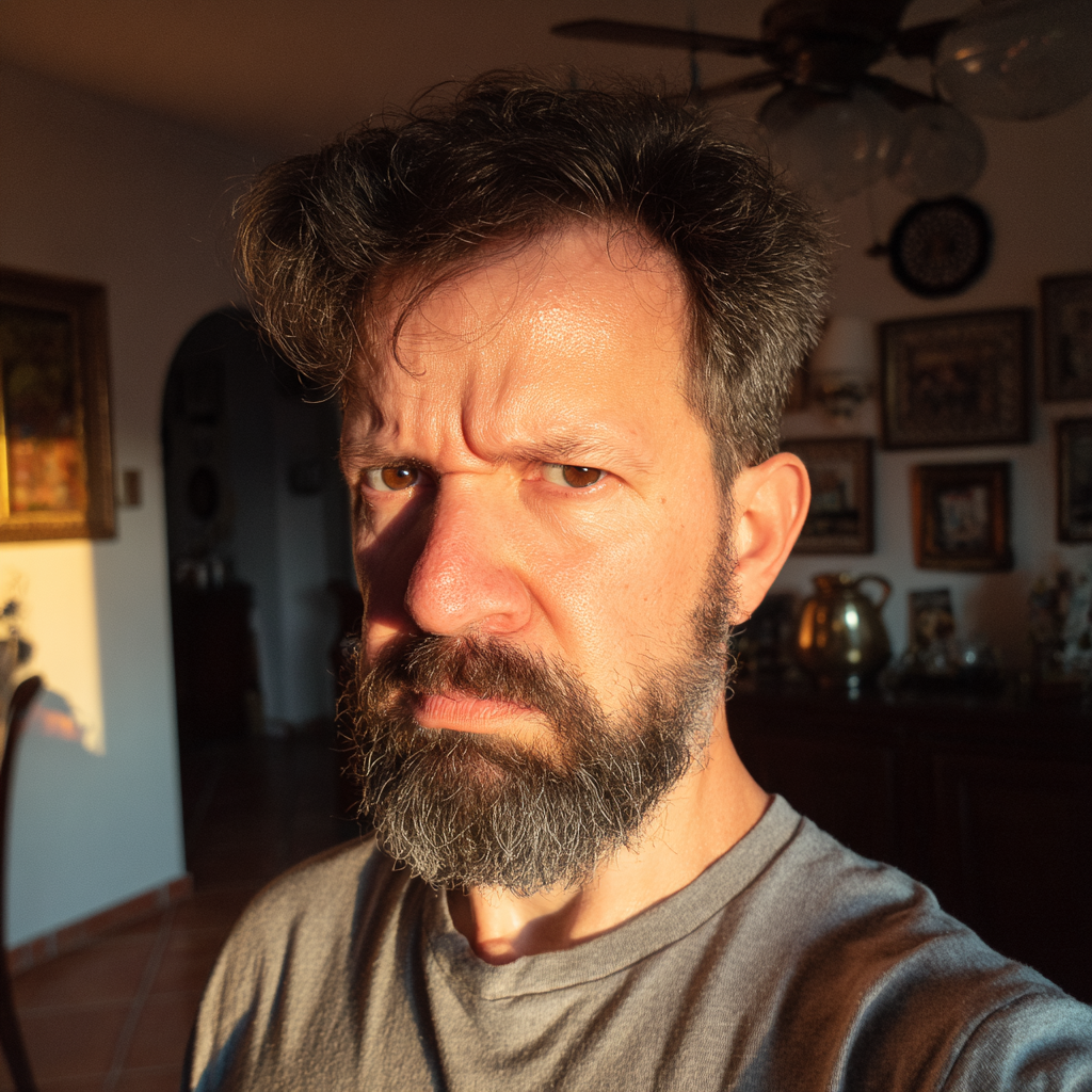 A frowning man standing in a living room | Source: Midjourney