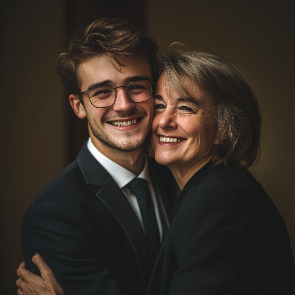 A proud elderly teacher hugging a young man who was once her student | Source: Midjourney