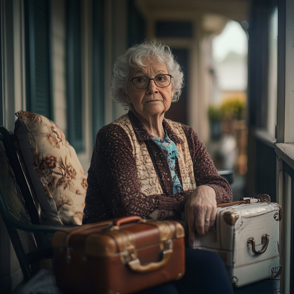 A senior woman seated on the porch with packed suitcases | Source: Midjourney