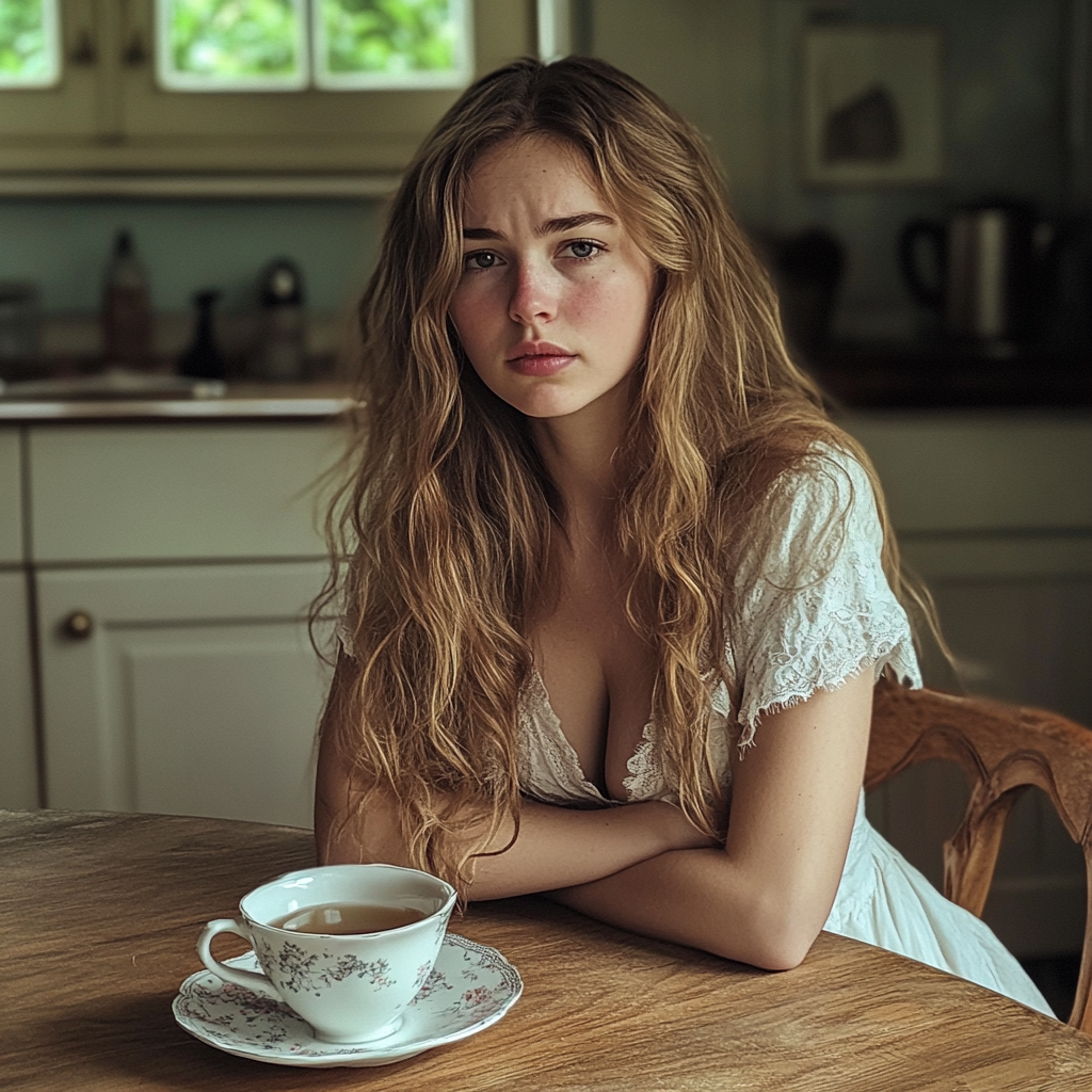 A woman sitting at a table | Source: Midjourney