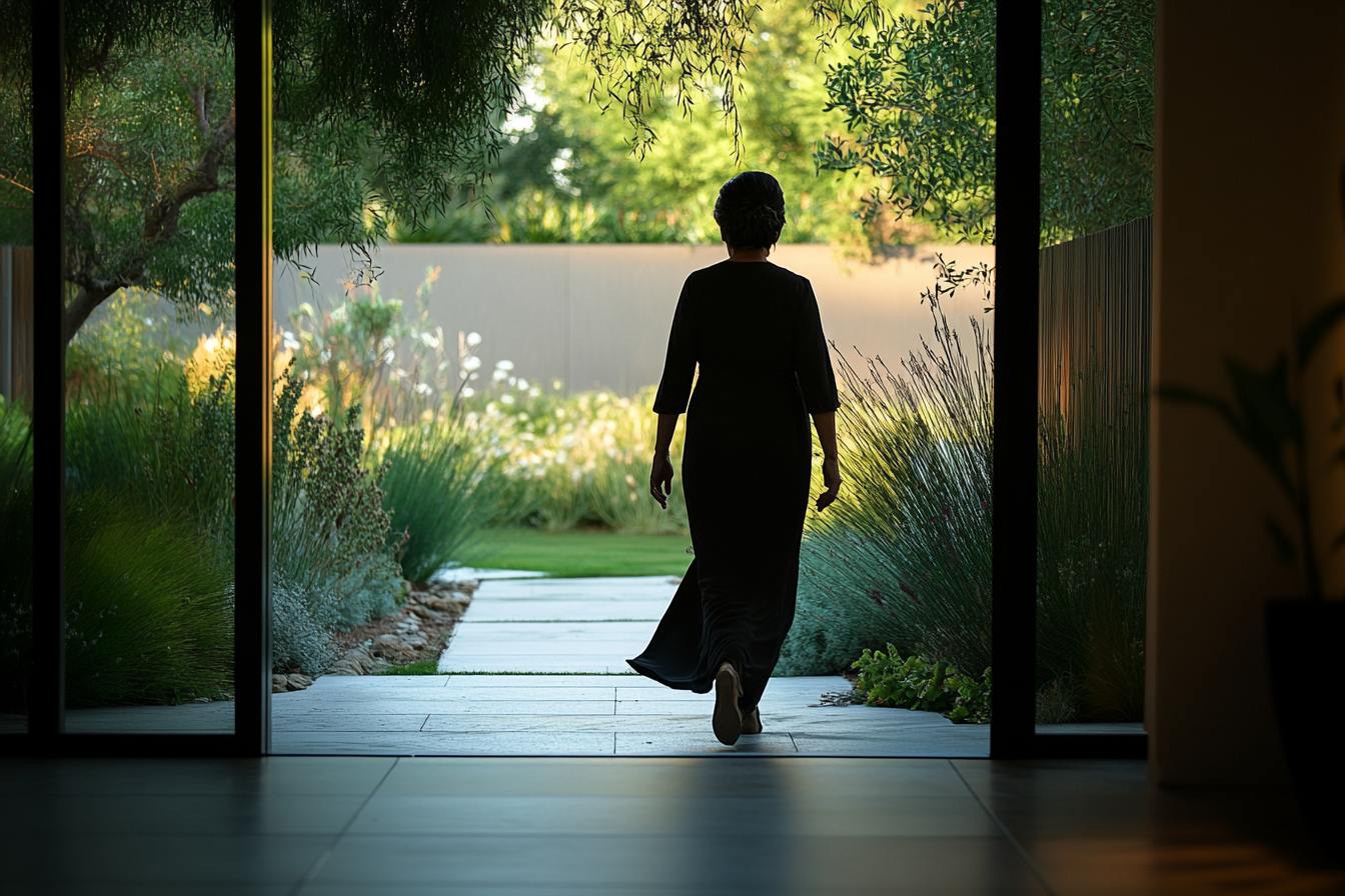 A woman walking out into a garden | Source: Midjourney