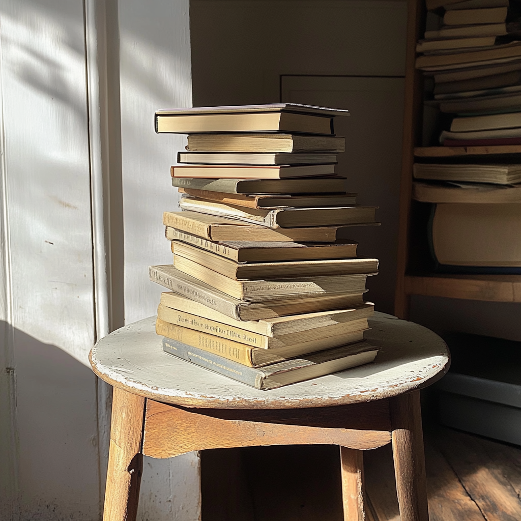 A stack of books on a table | Source: Midjourney