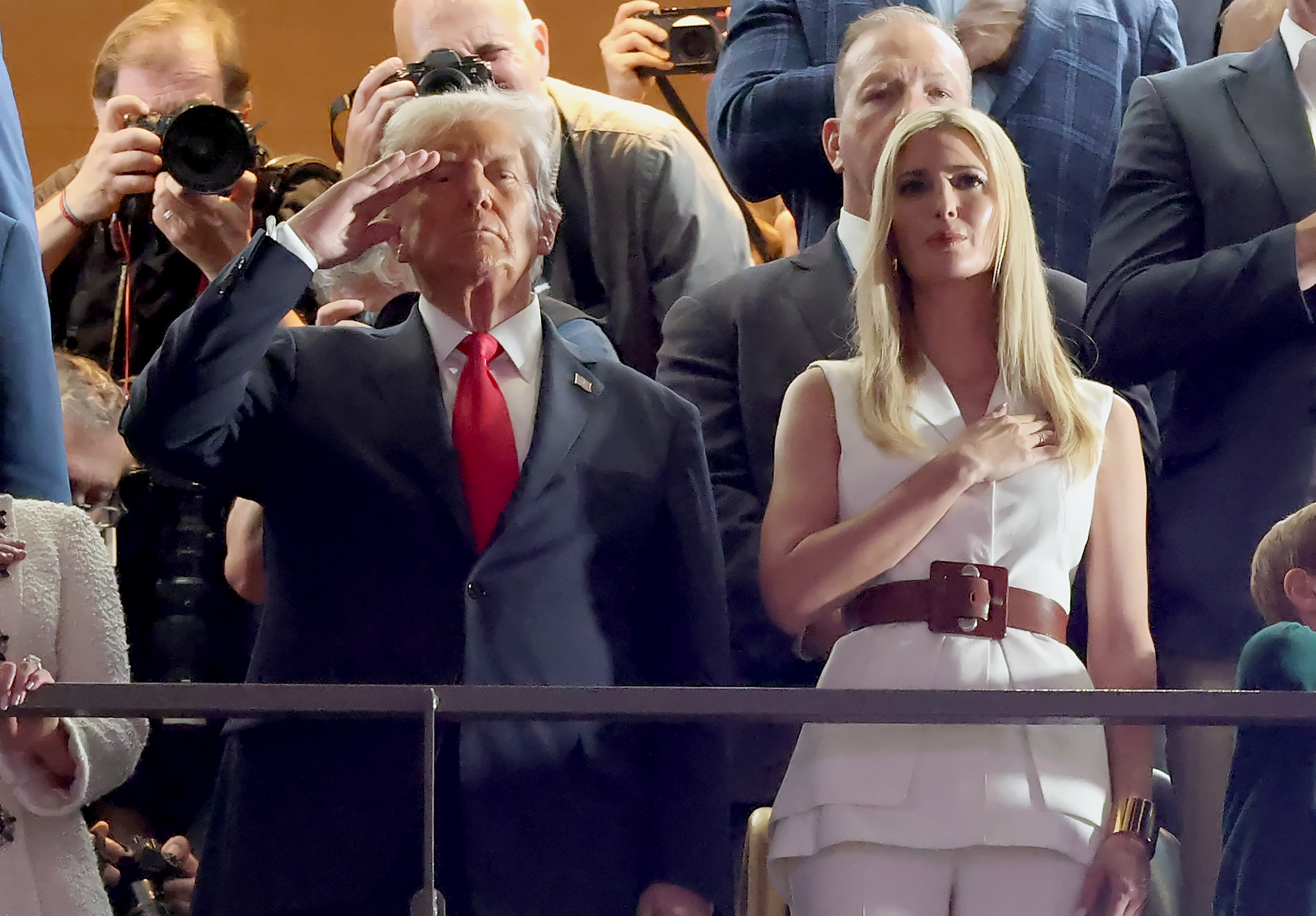 President Donald Trump and Ivanka Trump stand for the National Anthem during the Super Bowl LIX Pregame at Caesars Superdome on February 9, 2025, in New Orleans, Louisiana. | Source: Getty  Images