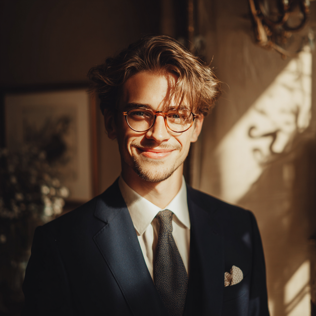 A smiling man wearing a navy suit | Source: Midjourney