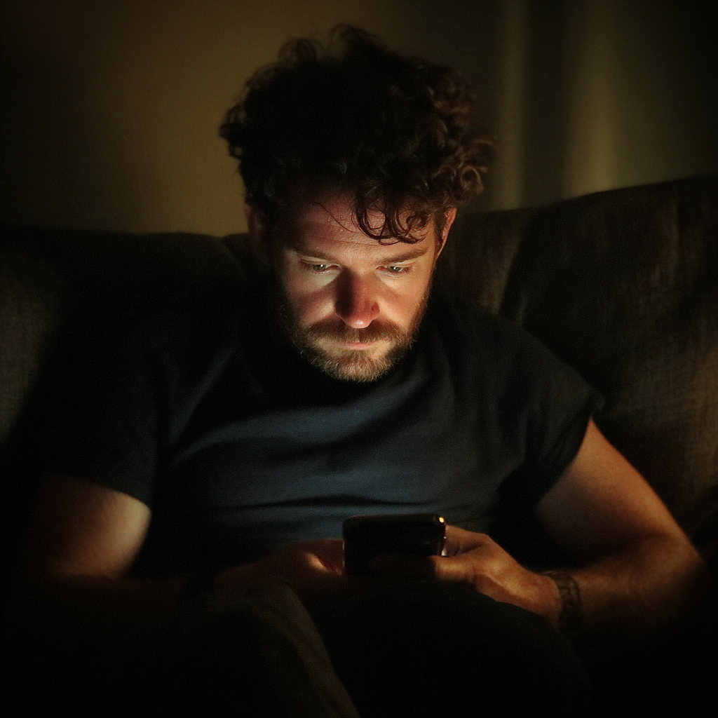 A man sitting on a couch and using his phone | Source: Midjourney