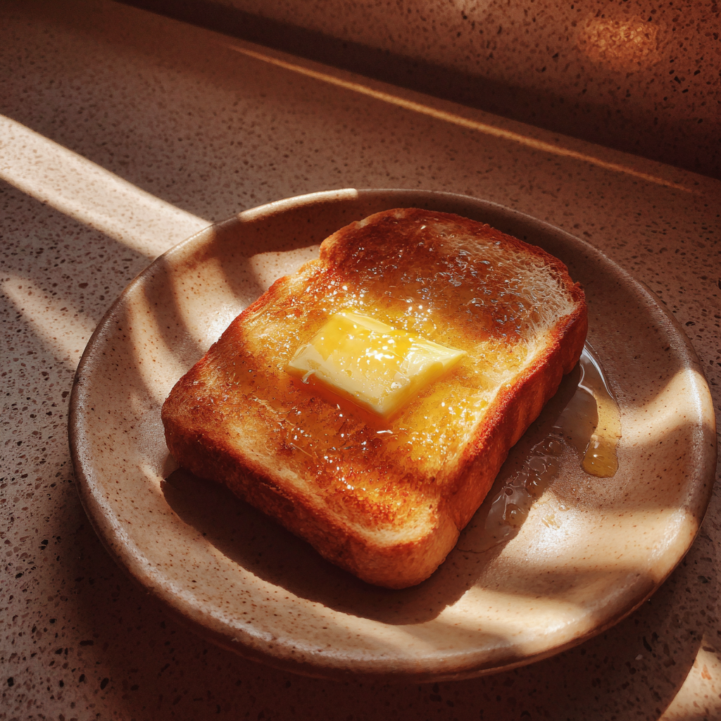 A slice of buttered toast on a counter | Source: Midjourney