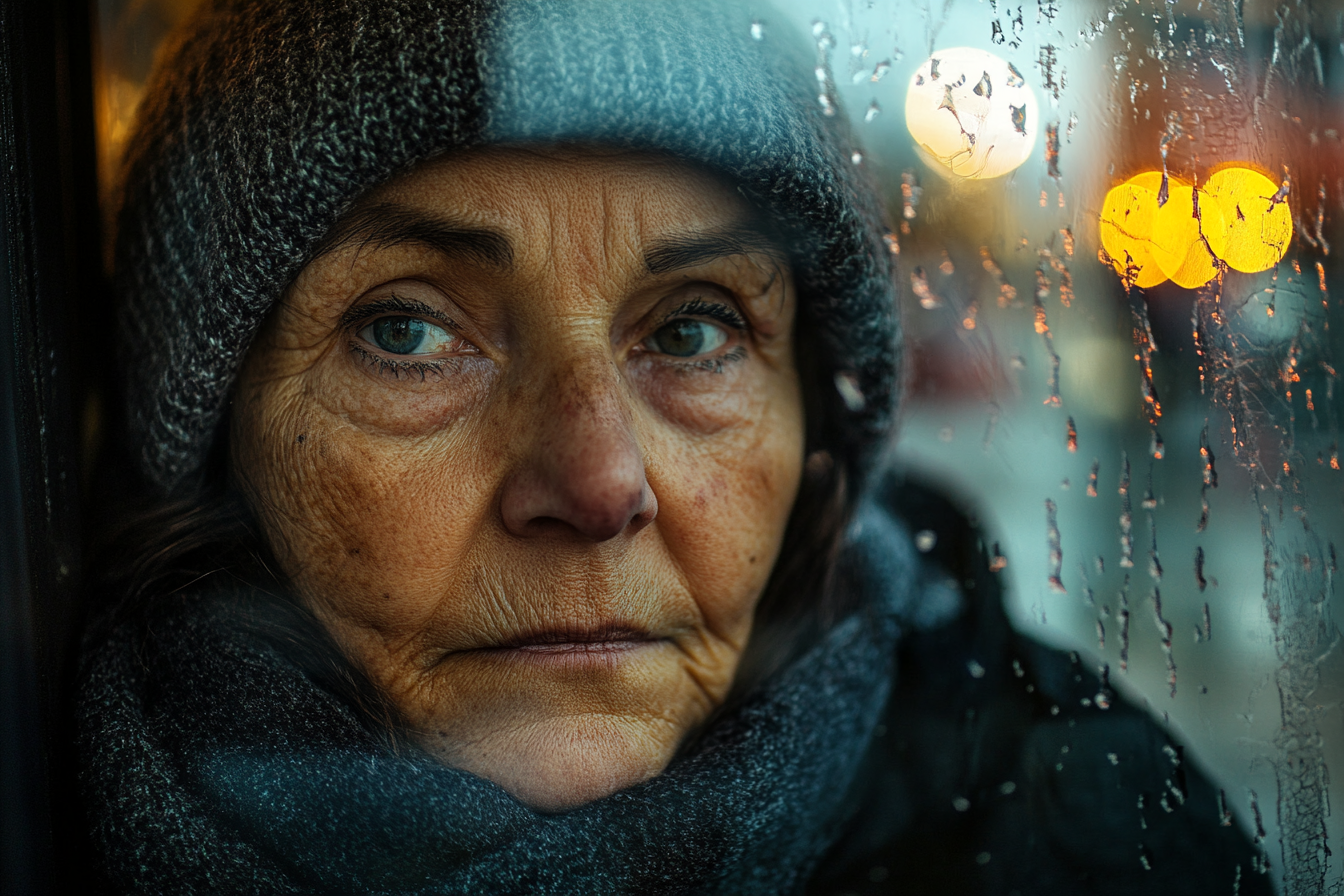 A homeless woman sitting in a bus shelter | Source: Midjourney