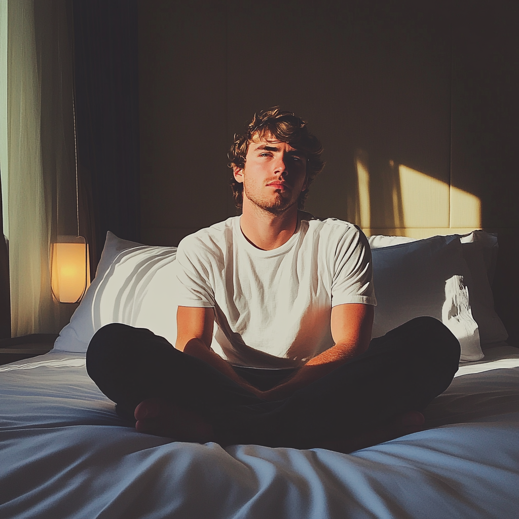 A man sitting on a hotel bed | Source: Midjourney