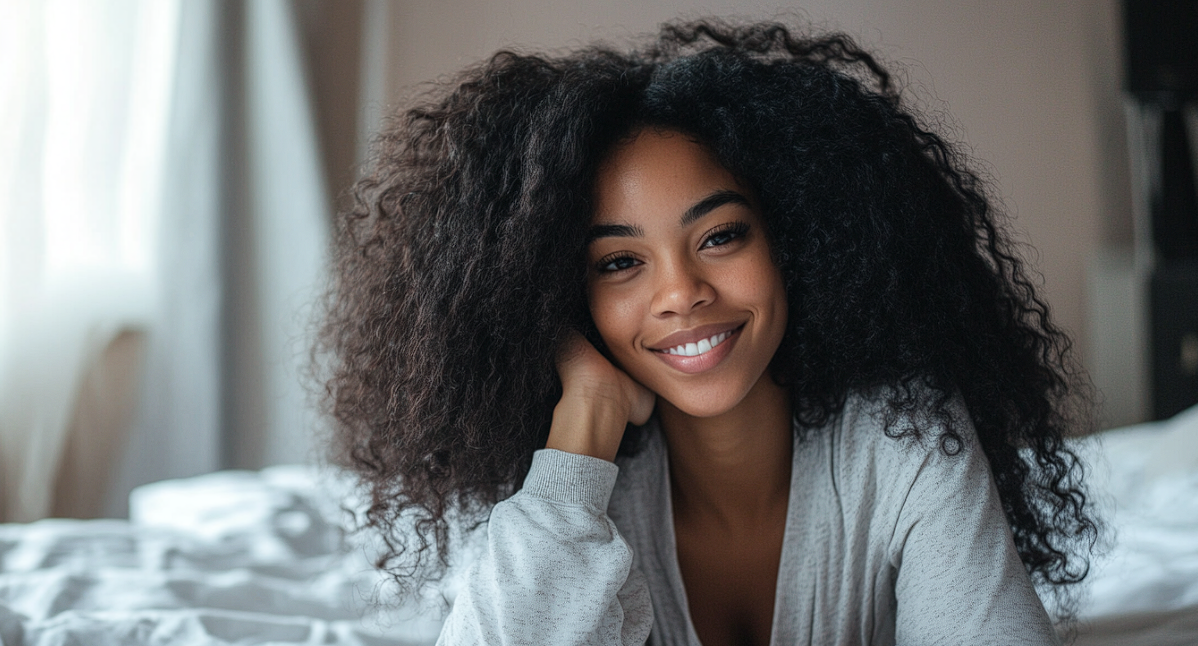 A smiling woman on her bed | Source: Midjourney