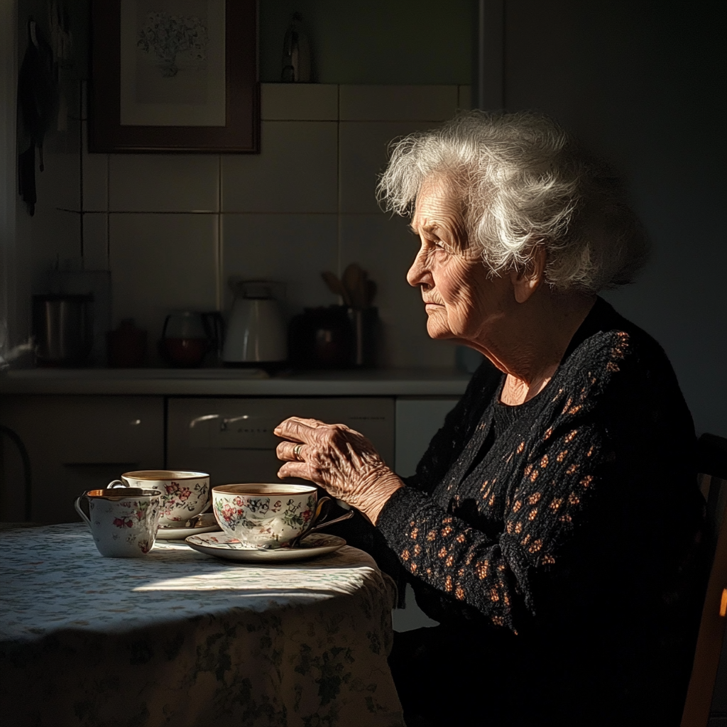 An elderly woman sitting at a kitchen table | Source: Midjourney