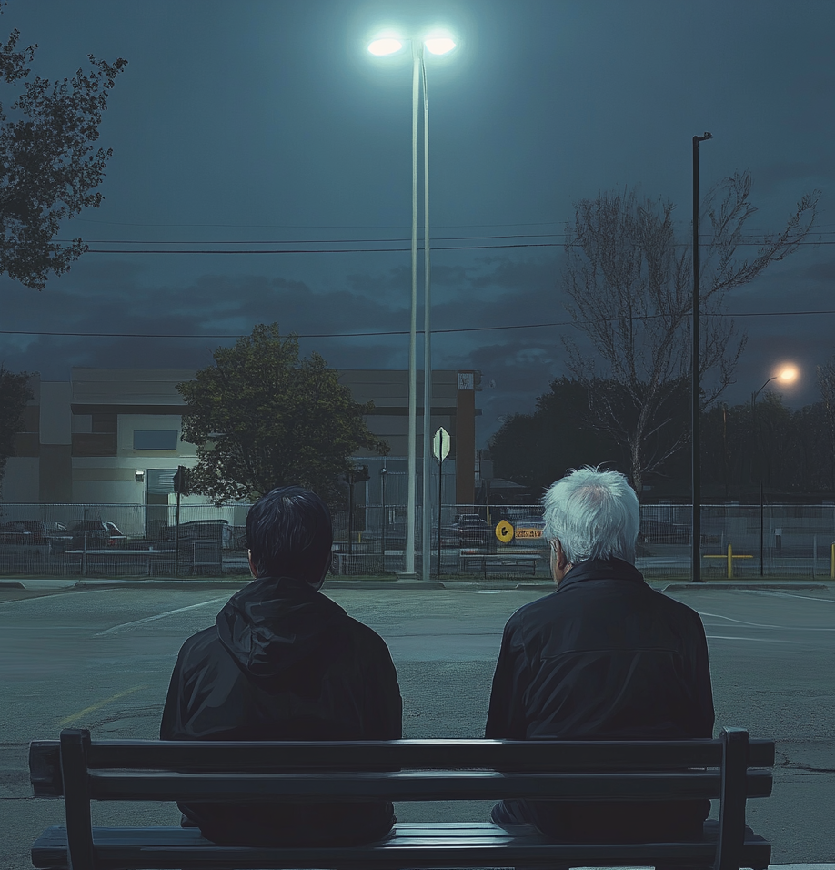 Two men sitting on a bench in a parking lot | Source: Midjourney