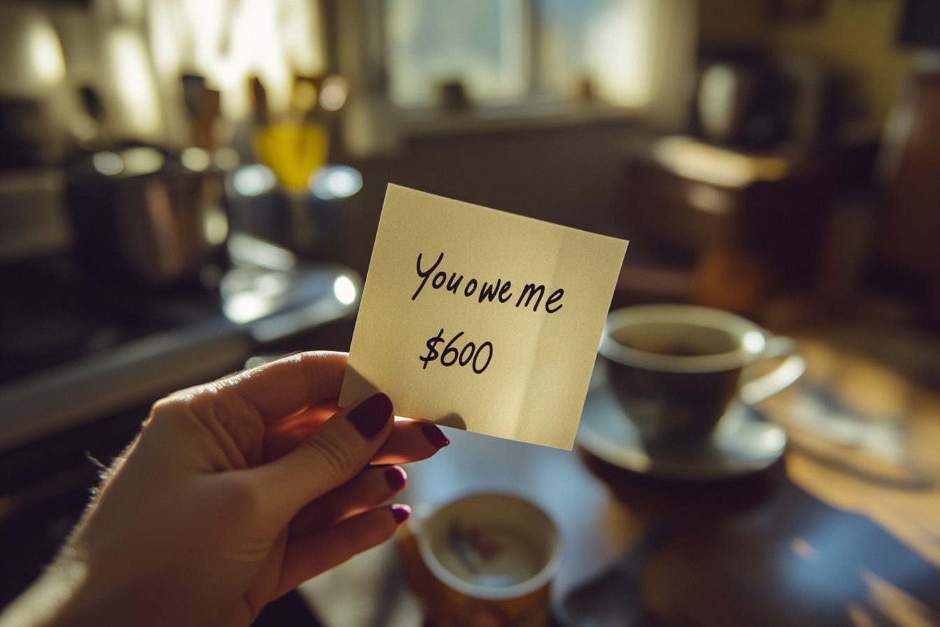 A woman's hand holding a piece of paper with a note | Source: Midjourney