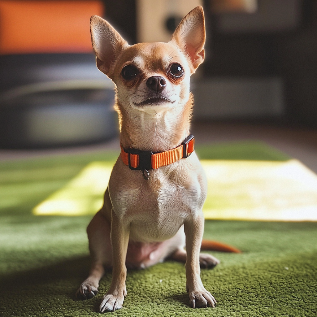 A dog sitting on a green rug | Source: Midjourney